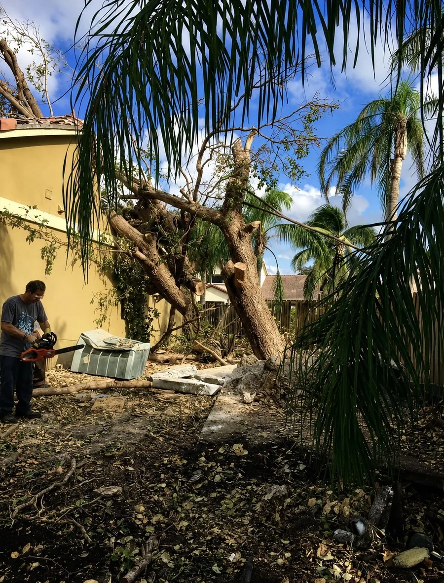 Hurricane Irma damage in South Florida - fallen trees being cleared from behind a home