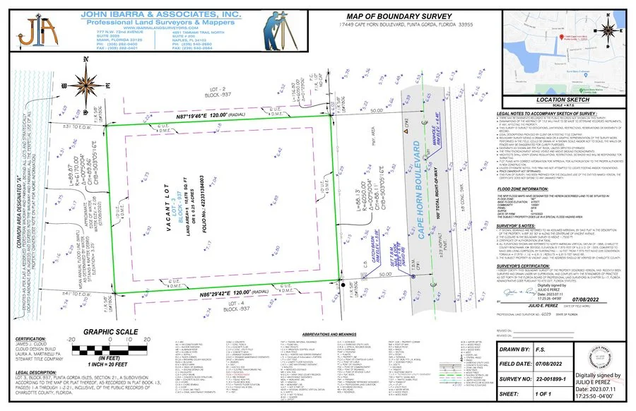 Boundary survey for a vacant lot on Cape Horn Boulevard in Punta Gorda, Florida, prepared for Cloud Design Build