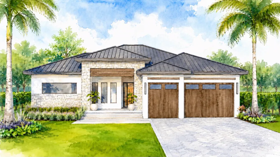 Watercolor rendering of a PALMA Collection custom home with a dark metal roof and stone entry, a plan that can be adapted to a Fort Myers lot