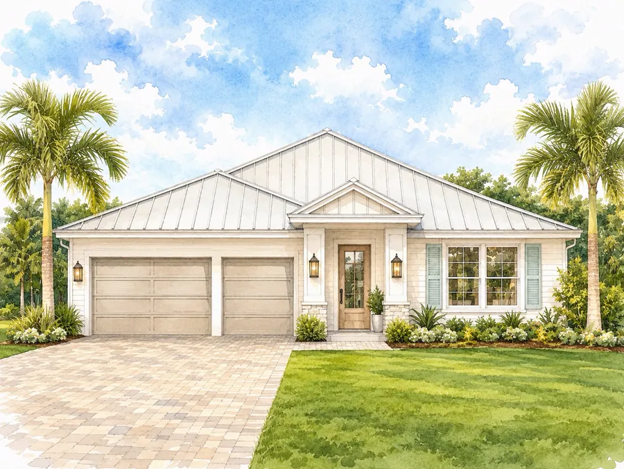 Watercolor rendering of an Aria Collection custom home with a white metal roof and gabled entry