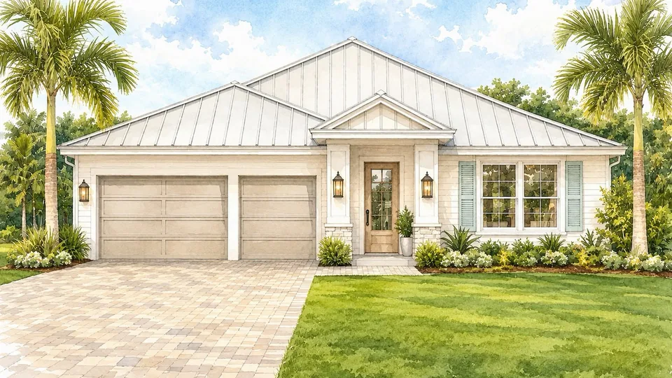 Rendering of the Aria Collection - a white single-story home with a standing-seam metal roof and a gabled entry between two palms