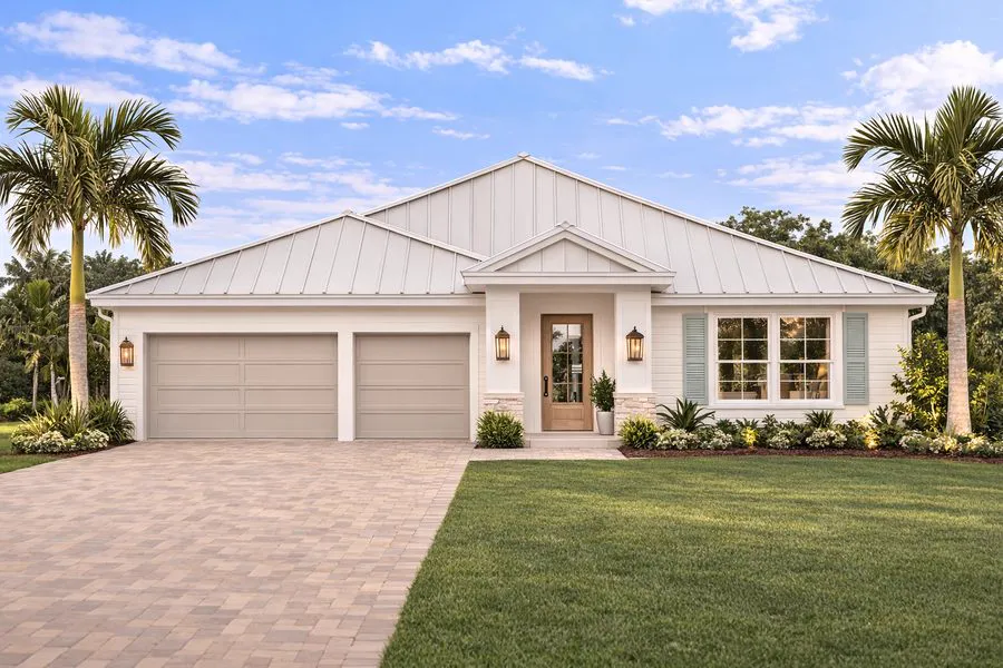 The Aria Collection in white - a gabled entry between two palms, a standing-seam metal roof and a three-car garage