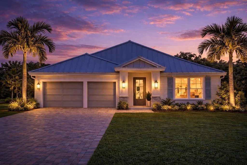 Aria Residence at dusk - a white metal roof, gabled entry and lit front windows
