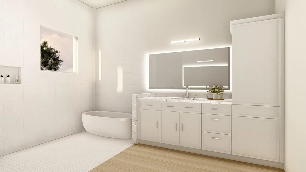 Coastal Collection bath - freestanding tub, backlit mirror and a long vanity