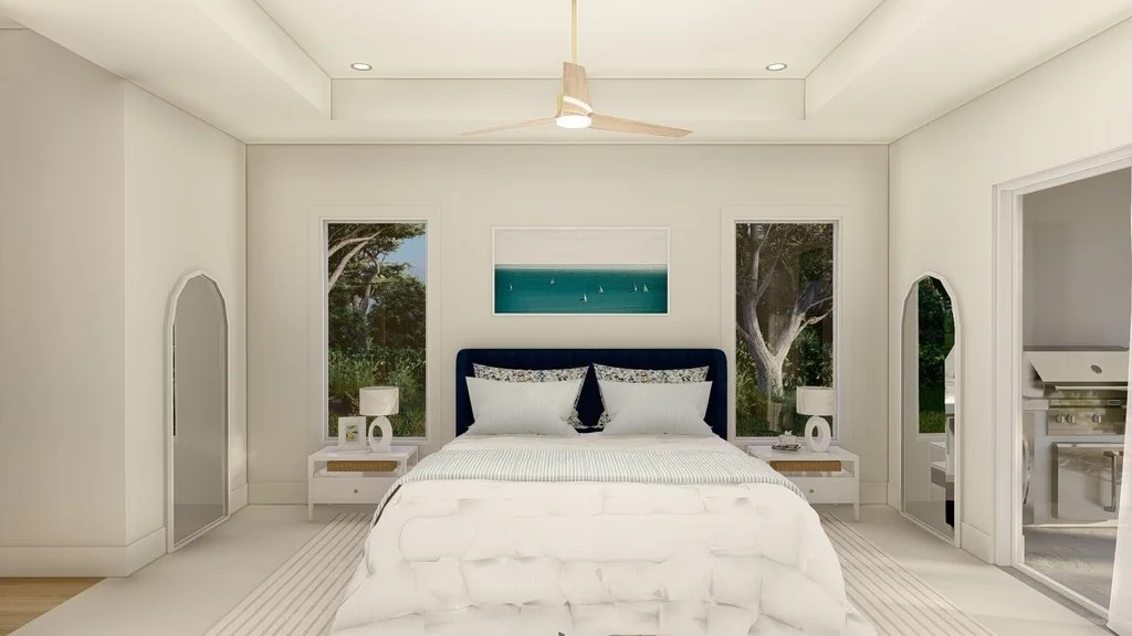 Coastal Collection bedroom - tray ceiling, arched niches and an ensuite beyond