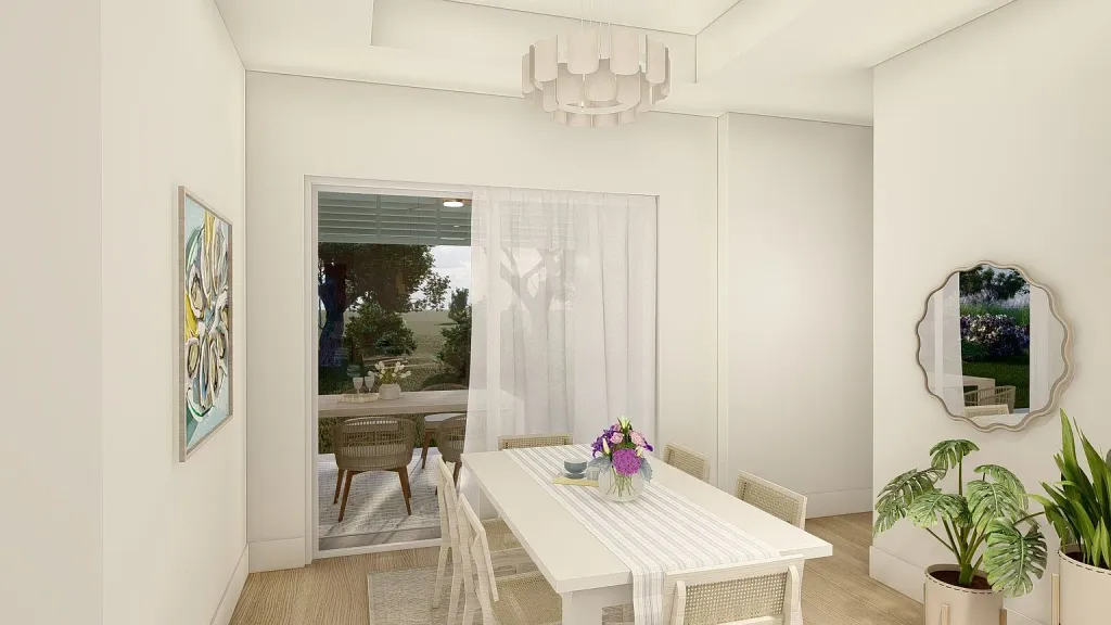 Dining room rendering at 17449 Cape Horn Blvd - a white table under a drum chandelier, with sliding doors through to the covered lanai and its second dining table
