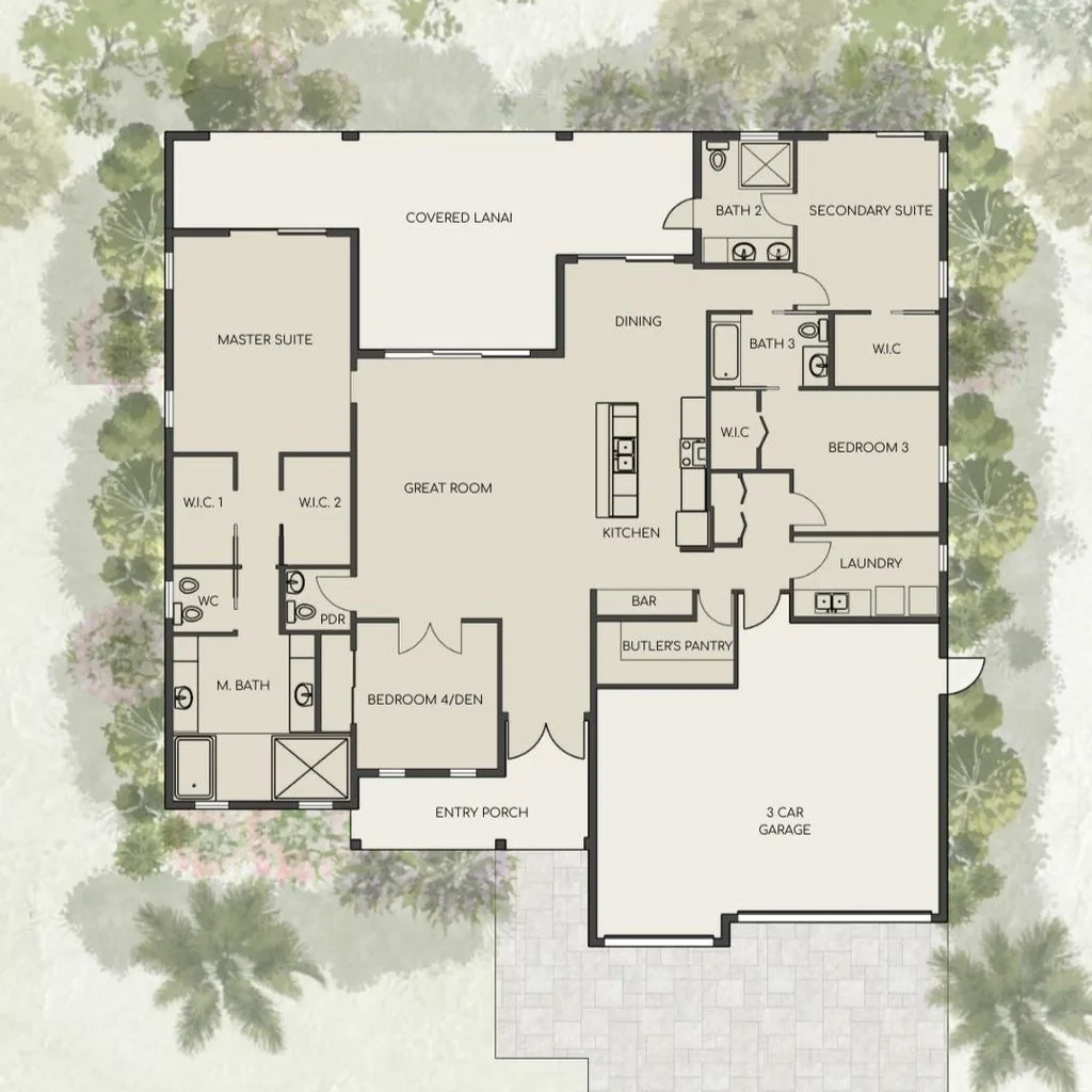 Coastal Collection floor plan - master suite with two walk-in closets, great room, kitchen and dining, secondary suite, bedroom three, bedroom four or den, butler's pantry, covered lanai and three-car garage