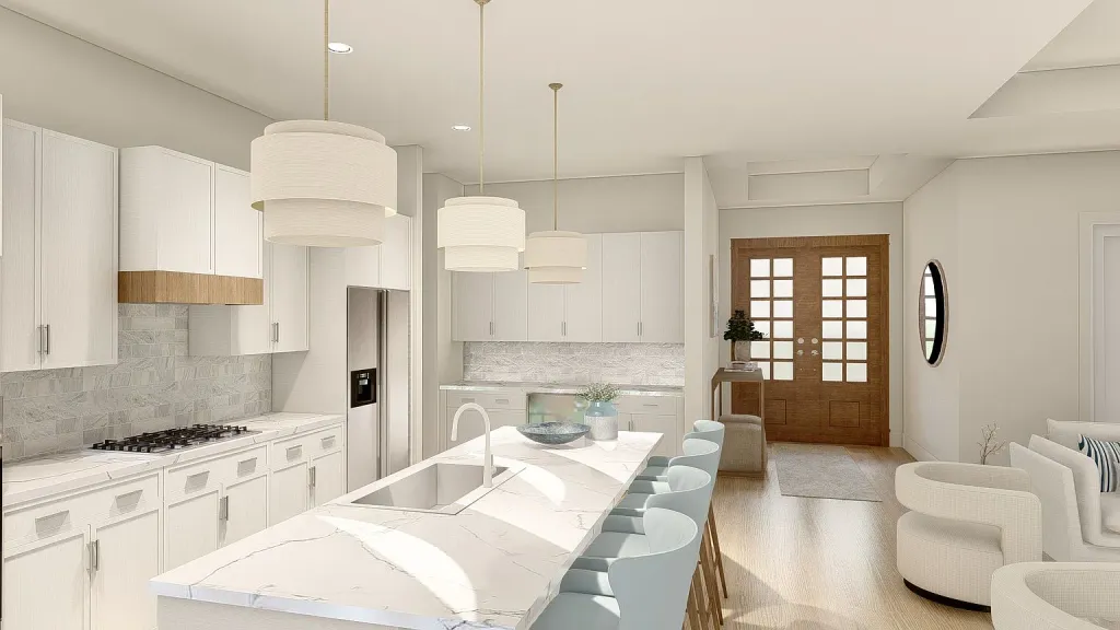 Kitchen rendering at 17449 Cape Horn Blvd - the quartz island running toward the wood double entry doors, with a gas cooktop, marble-look backsplash and bar seating