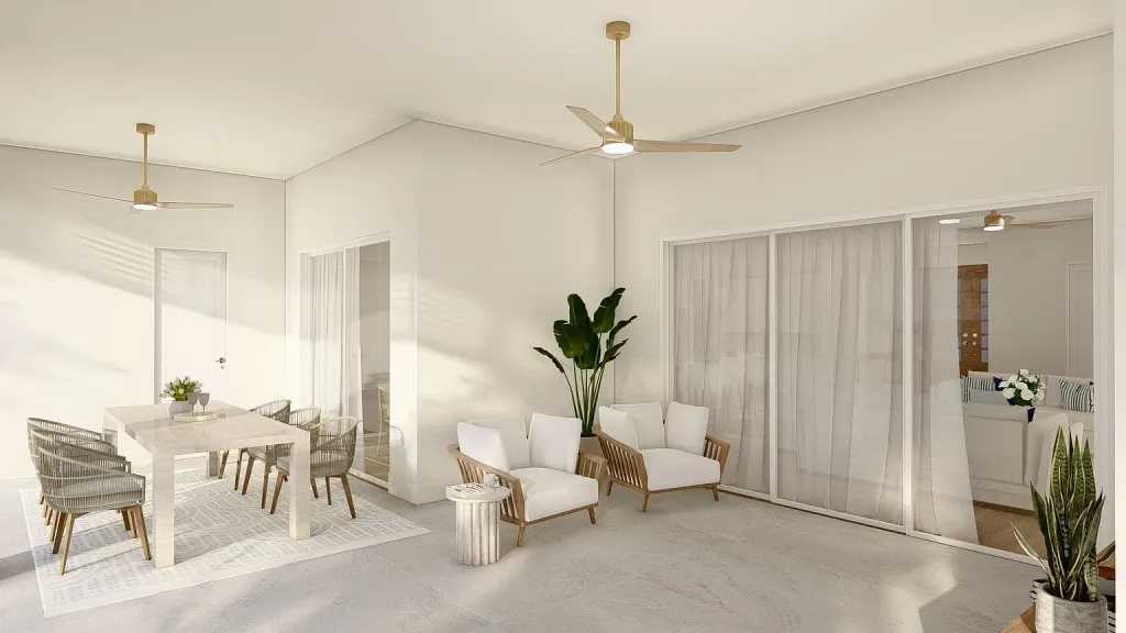 Covered lanai rendering at 17449 Cape Horn Blvd - an outdoor dining table and lounge chairs under paddle fans, with sliding doors back into the living room