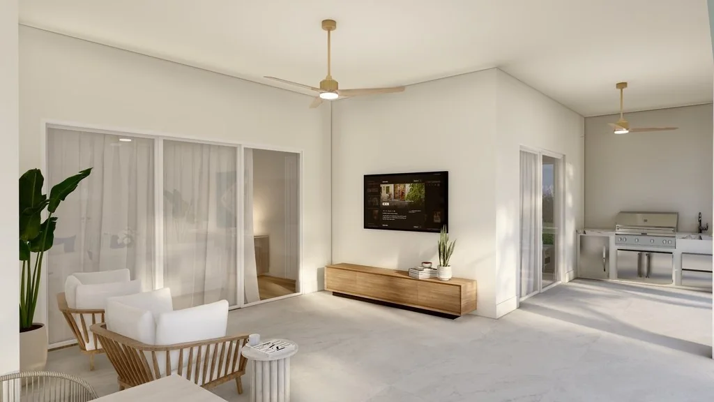 Coastal Collection covered lanai - lounge seating, ceiling fans and an outdoor kitchen