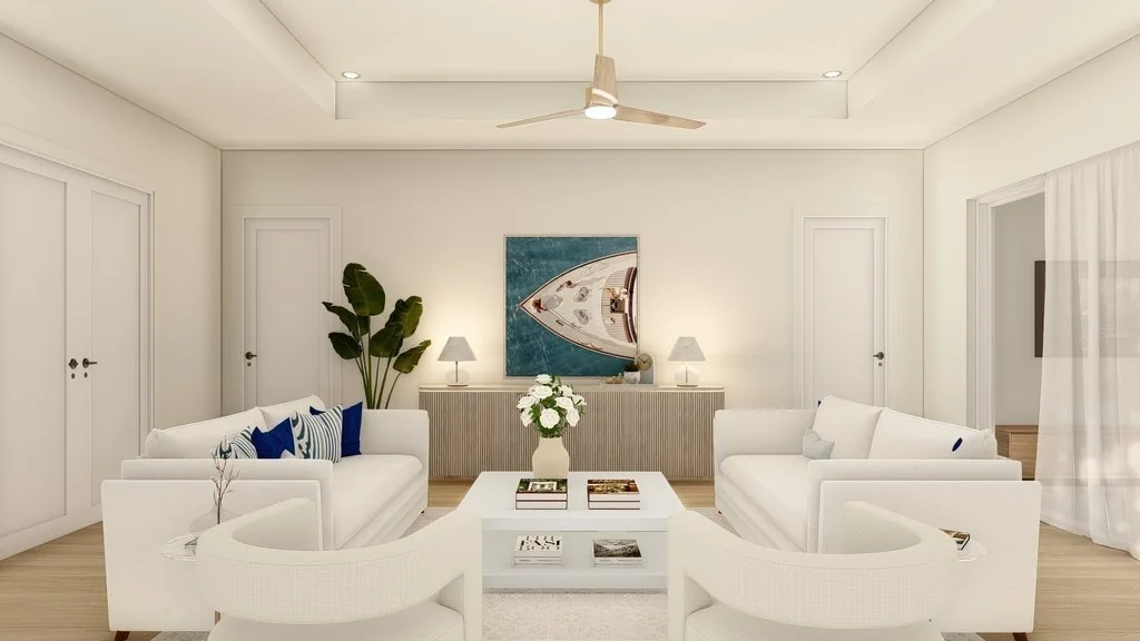Coastal Collection living room - a pair of sofas under a tray ceiling