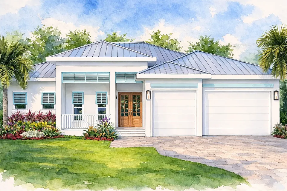 Watercolor rendering of the Coastal Collection - a white coastal home with a standing-seam metal roof, turquoise louvred shutters and a wood double entry door