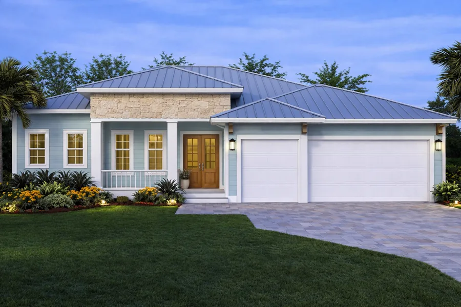 The Coastal Collection in pale blue lap siding, with a stone entry surround and a standing-seam metal roof