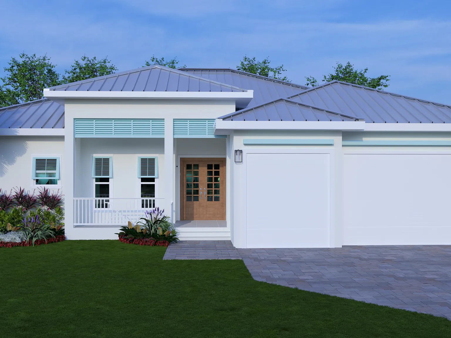 The Coastal Collection in white stucco - a wood double entry door under a covered porch, with turquoise louvred shutters and a three-car garage