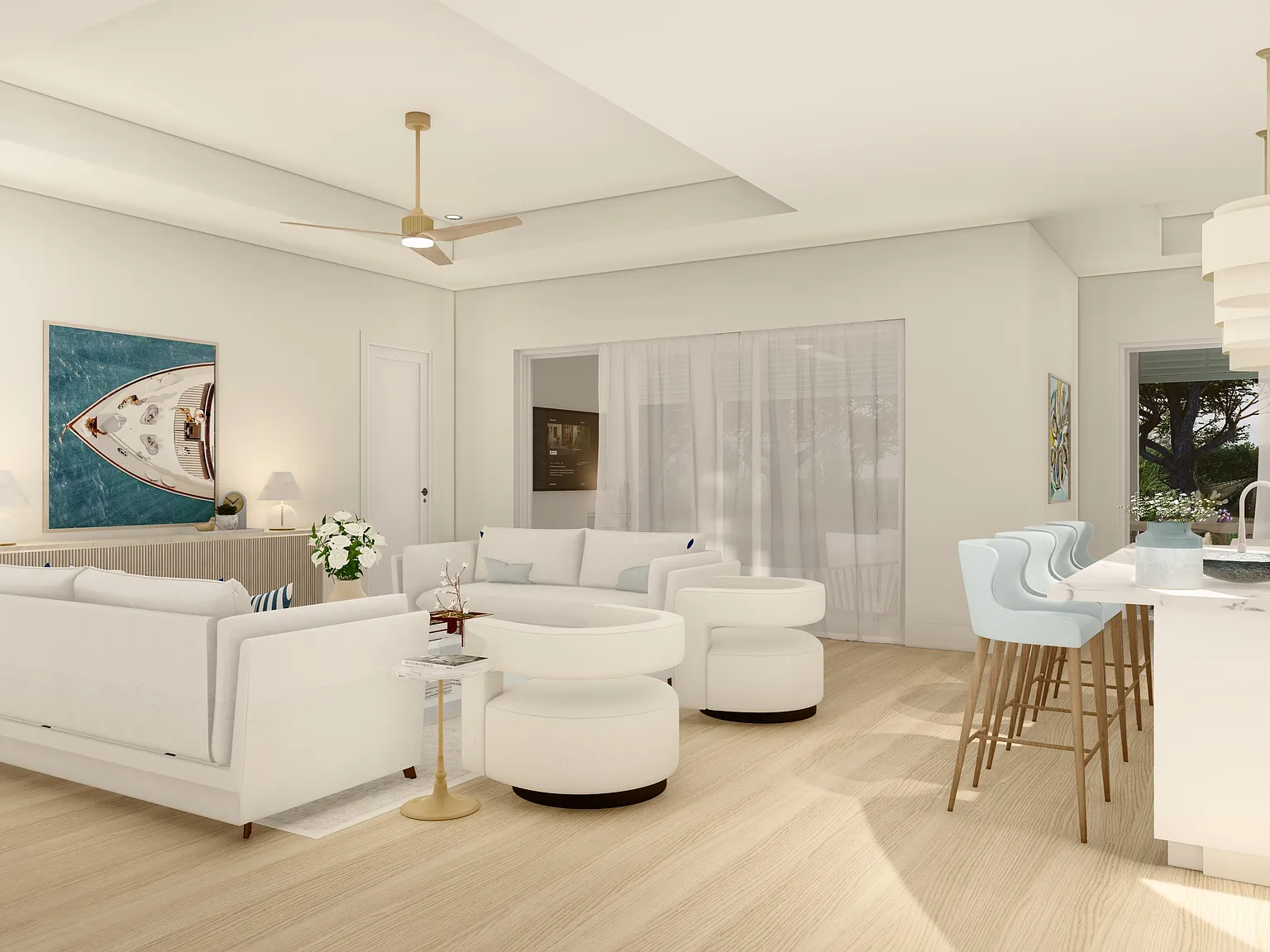 The great room in the Coastal Collection - seating under a tray ceiling, opening onto the kitchen island and out through sliding doors to the lanai