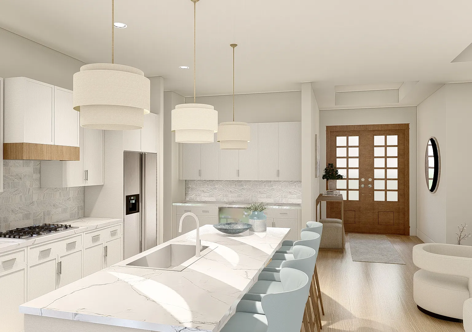 The Coastal Collection kitchen looking back toward the wood double entry doors, with the island running the length of the room