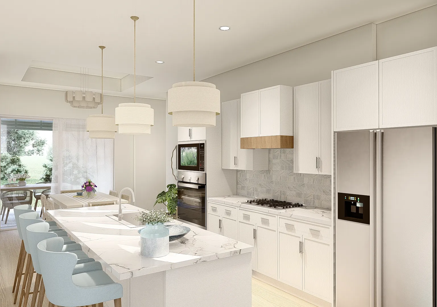 The kitchen in the Coastal Collection - a marble-look quartz island with bar seating, a gas cooktop, wall ovens and a tiled backsplash