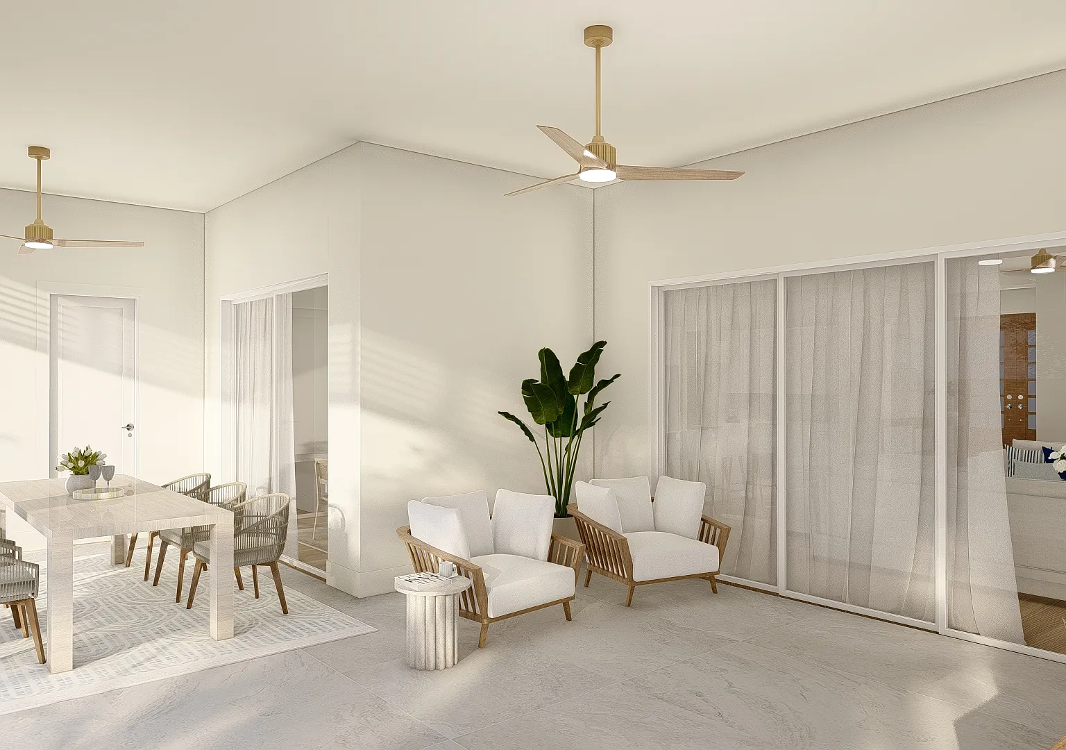 Dining and seating on the Coastal Collection lanai, looking back through the sliding doors to the entry