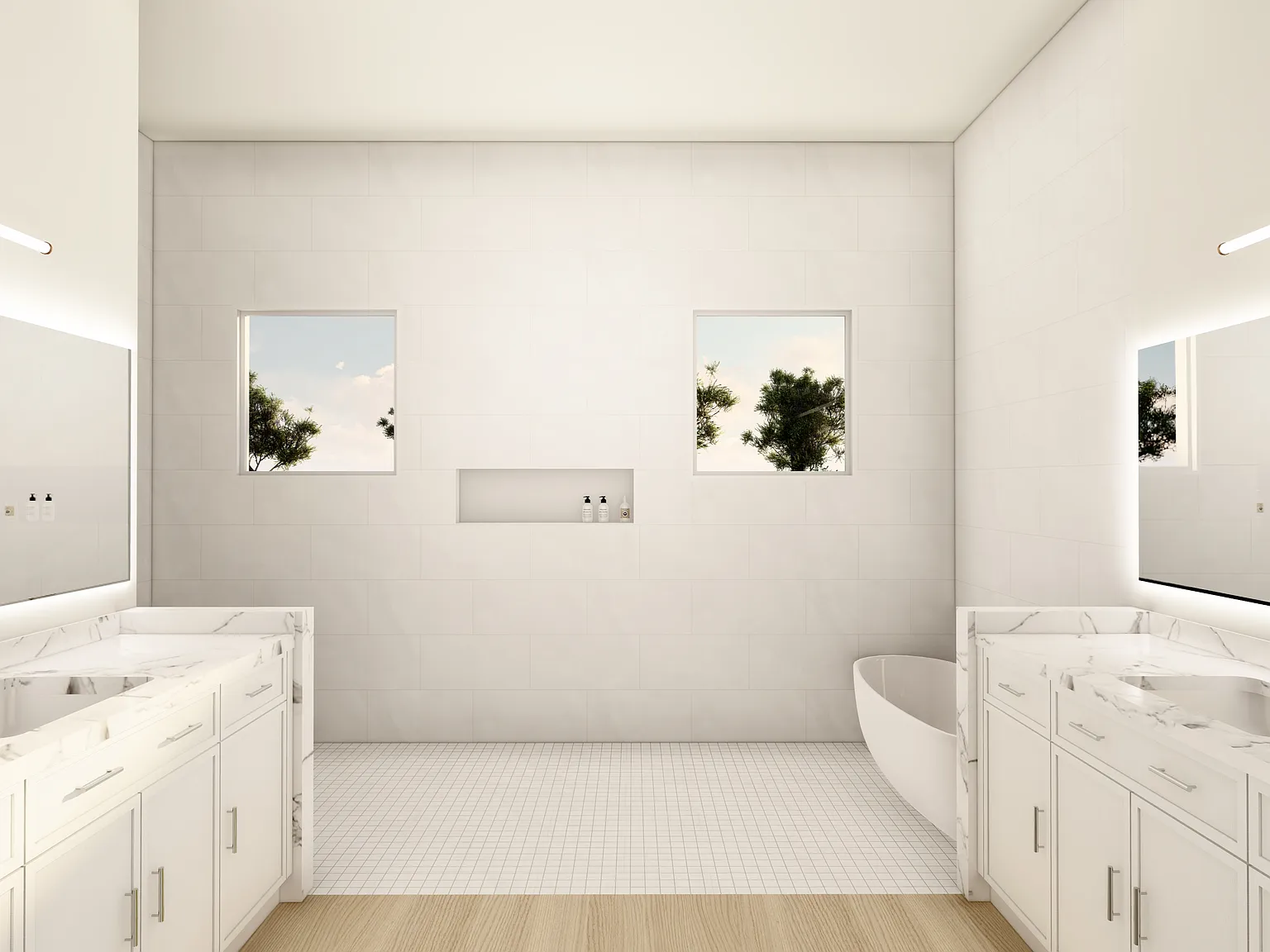 The primary bath in the Coastal Collection - twin vanity runs facing each other, a freestanding tub and two clerestory windows