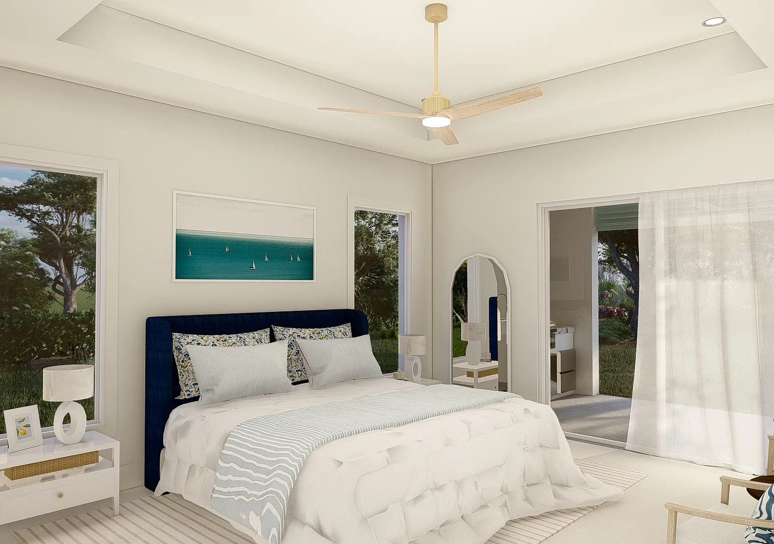 The primary suite in the Coastal Collection - a tray ceiling, tall windows either side of the bed and an opening through to the ensuite bath
