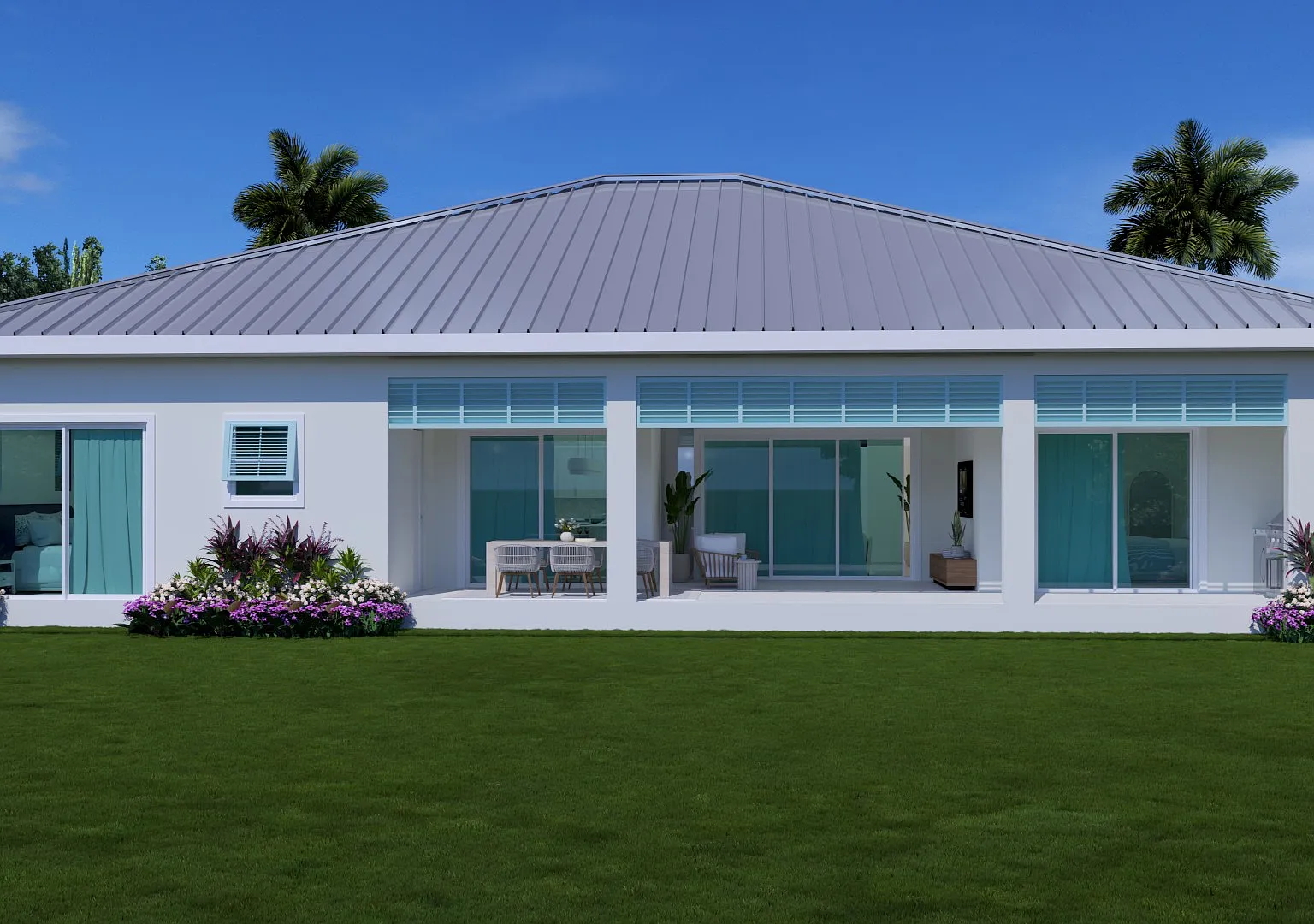 The Coastal Collection rear elevation - the covered lanai running the width of the house behind a run of sliding glass doors