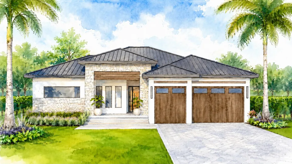 Rendering of the PALMA Collection - a single-story home with a dark standing-seam metal roof, a stone entry and a two-car garage