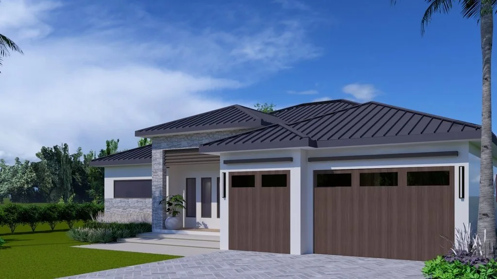 PALMA Collection from the drive - stone entry, dark metal roof and three-car garage