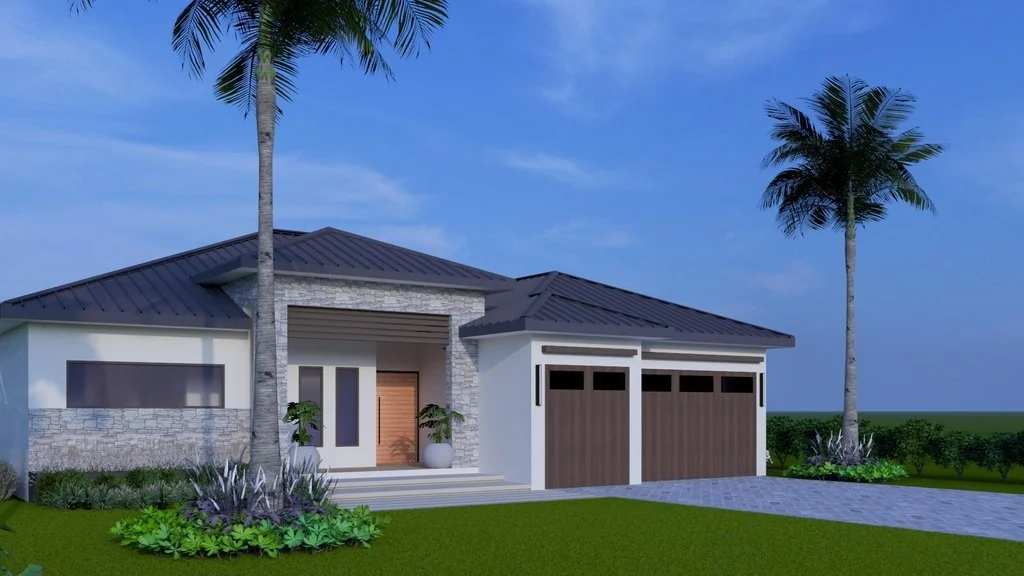 The PALMA Collection seen from the driveway, the recessed entry set back behind a palm with the garage bays to the right