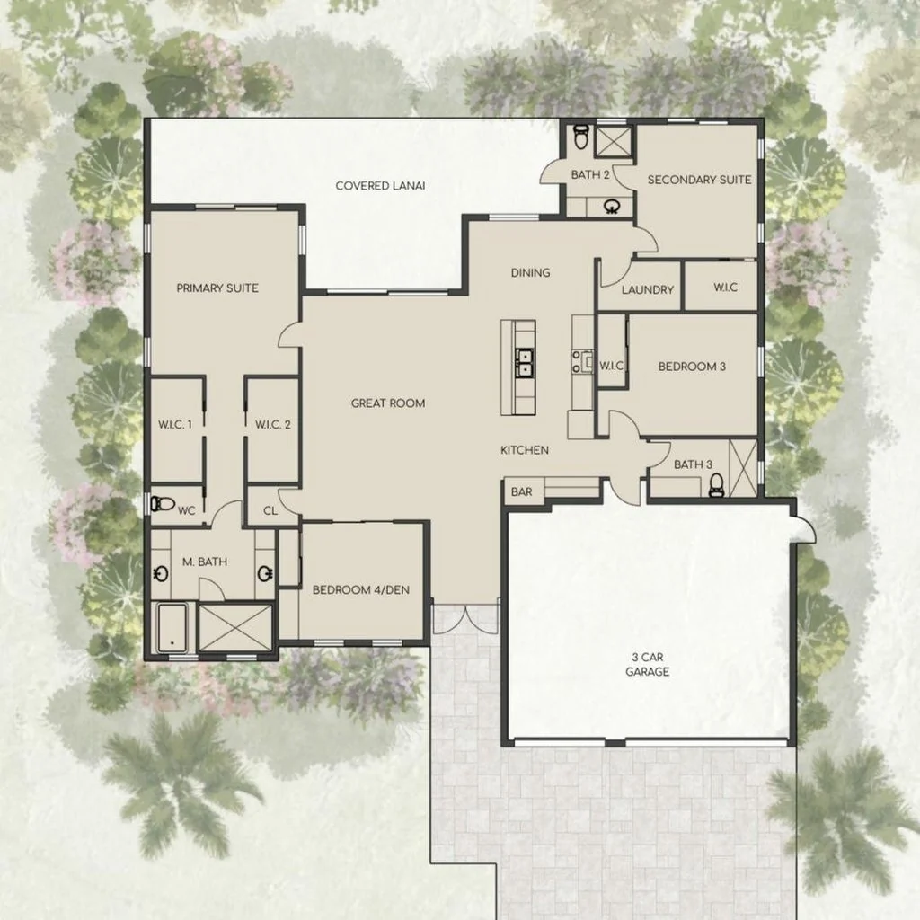 Floor plan for the PALMA Collection - a primary suite with two walk-in closets on one side, a secondary suite and bedroom three on the other, bedroom four or den off the entry, and a covered lanai across the back
