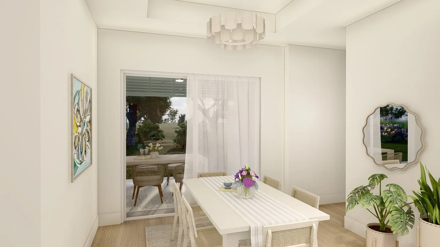 PALMA dining room rendering - a dining table beside sliding glass doors opening onto the covered lanai