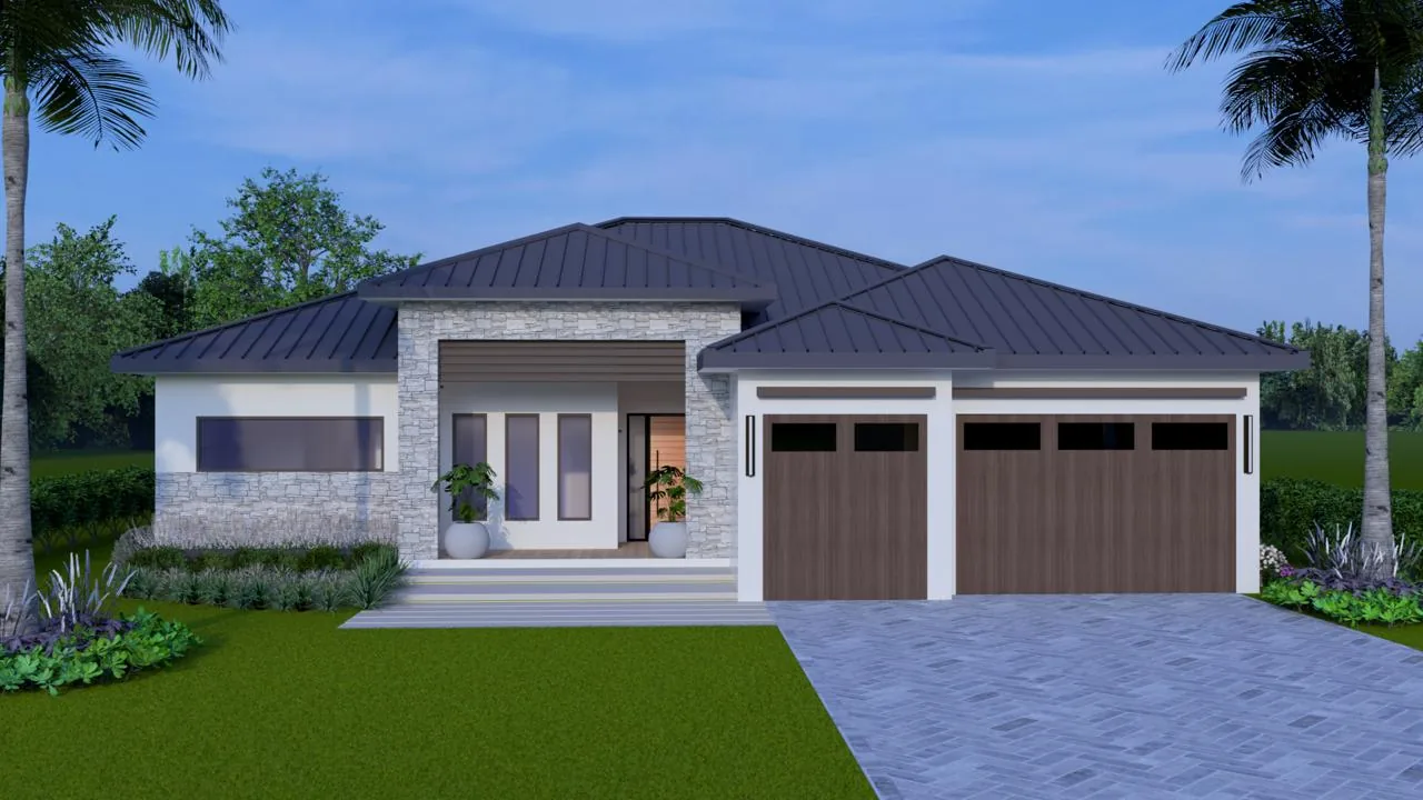 PALMA Collection front elevation - a four bedroom modern coastal home with a dark standing-seam metal roof, stone entry and three-car garage, for Burnt Store Lakes