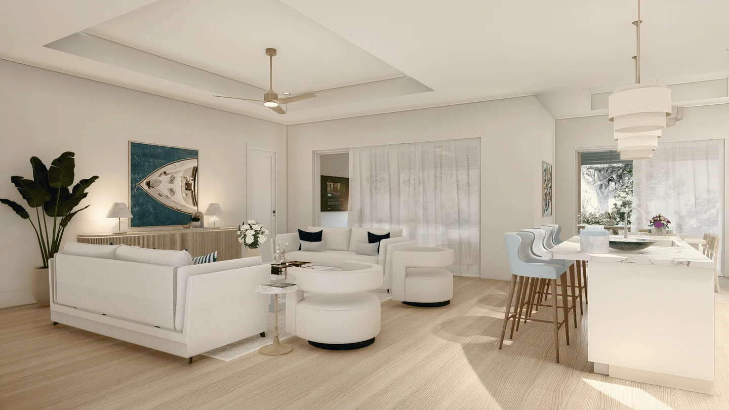 PALMA great room rendering - an open living area with a tray ceiling, wood-look tile floors and a kitchen island with bar seating beyond