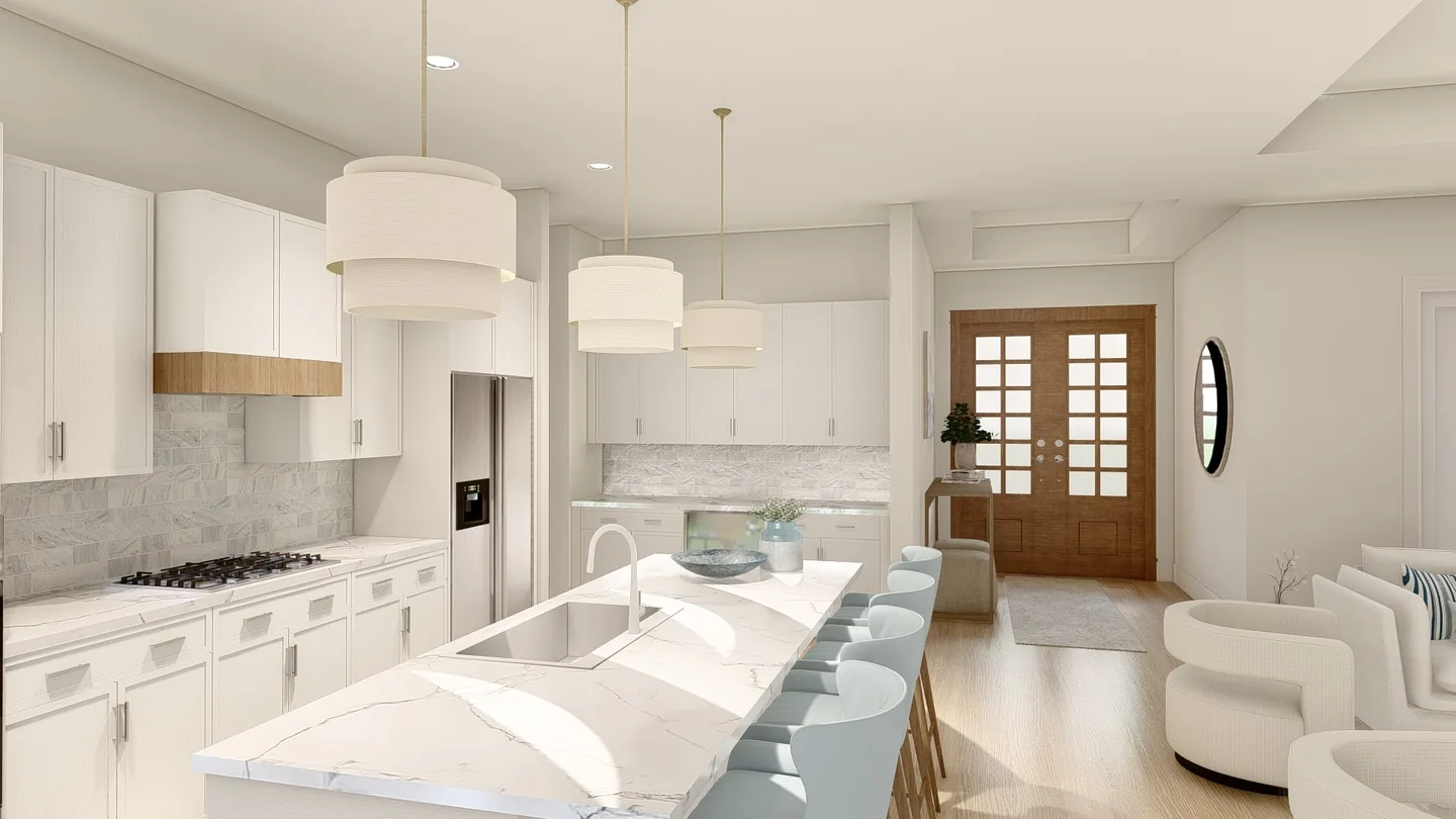 PALMA kitchen rendering - a chef's kitchen with an oversized quartz island, bar seating, gas cooktop and a stone backsplash