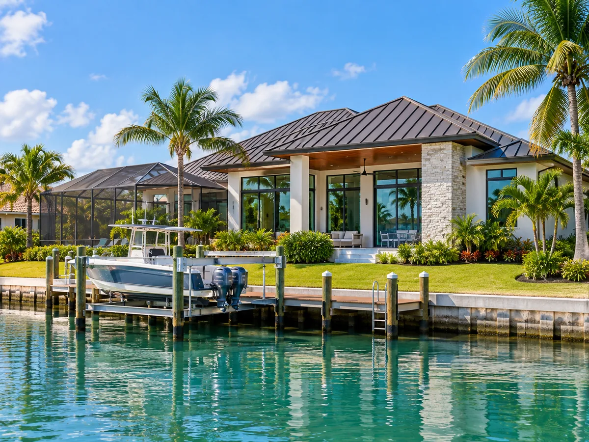 A Cape Coral canal home with a standing-seam aluminum roof, floor-to-ceiling impact-rated windows and a private dock with boat lift