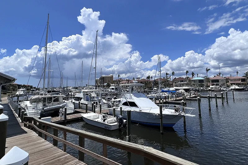 Boats and sailboats docked at Burnt Store Marina, a short drive south of Burnt Store Lakes in Punta Gorda, Florida