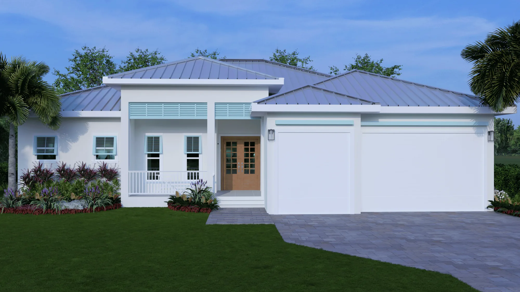 Front elevation of 17449 Cape Horn Blvd - white stucco, a standing-seam metal roof, pale blue louvred shutters, a covered entry porch and a three-car garage