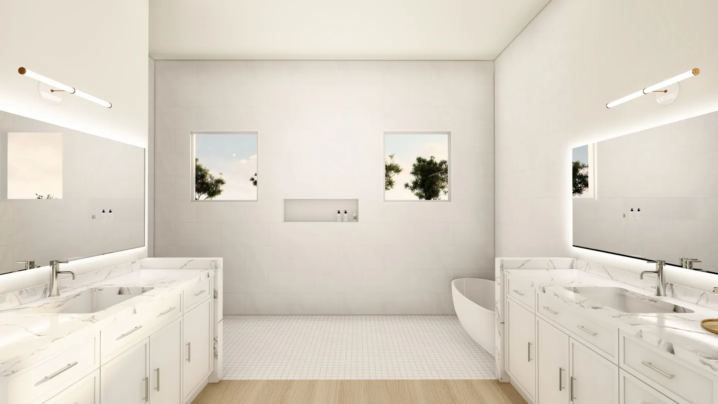 Primary bath rendering at 17449 Cape Horn Blvd - twin vanities with marble-look counters, a freestanding tub and clerestory windows