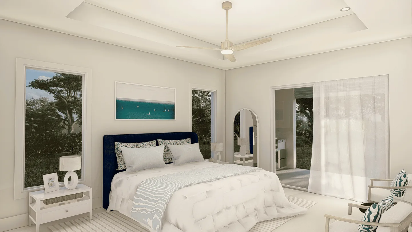 Primary suite rendering at 17449 Cape Horn Blvd - a tray ceiling, sliding doors to the lanai and an ensuite bath beyond