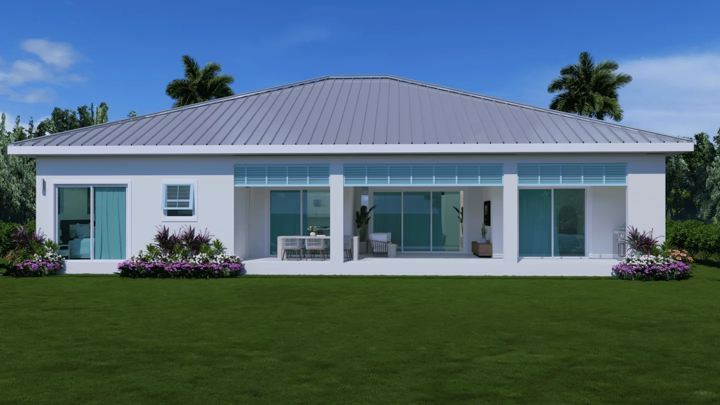 Rear elevation rendering of 17449 Cape Horn Blvd - the covered lanai running the width of the house, with sliding glass doors onto the living space and the lake beyond
