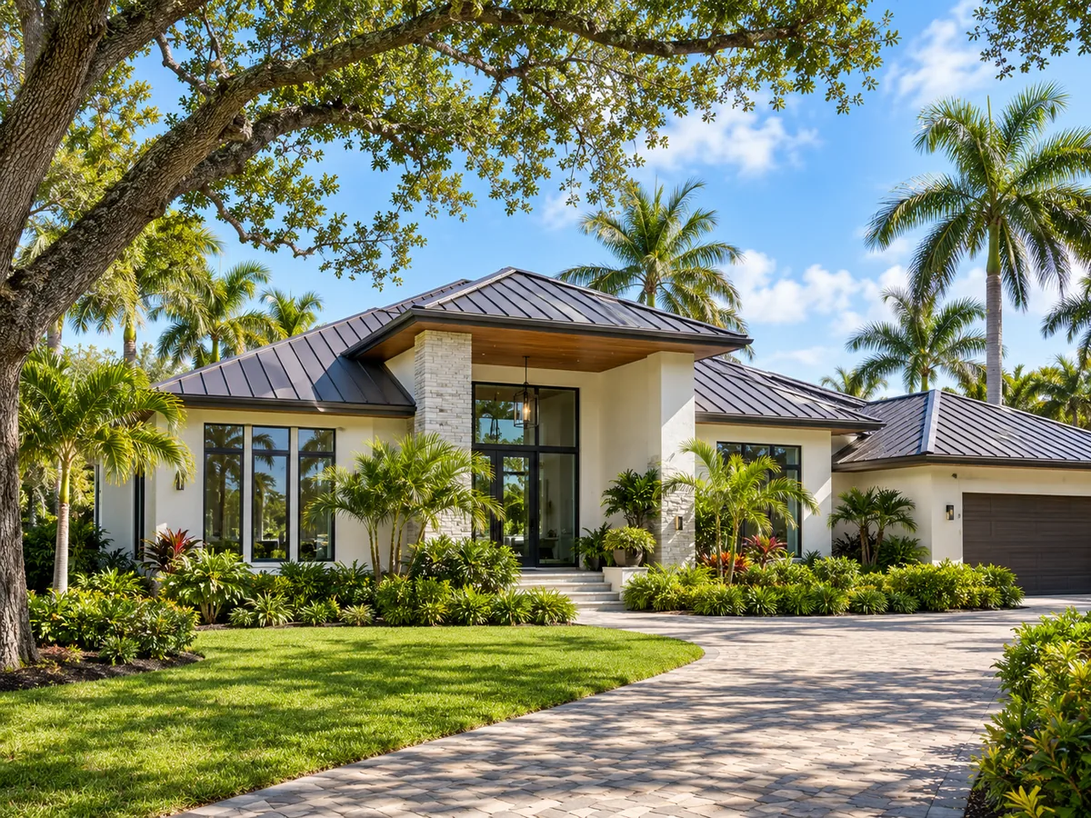 A Fort Myers home under mature oak canopy, with a standing-seam aluminum roof and tall impact-rated windows