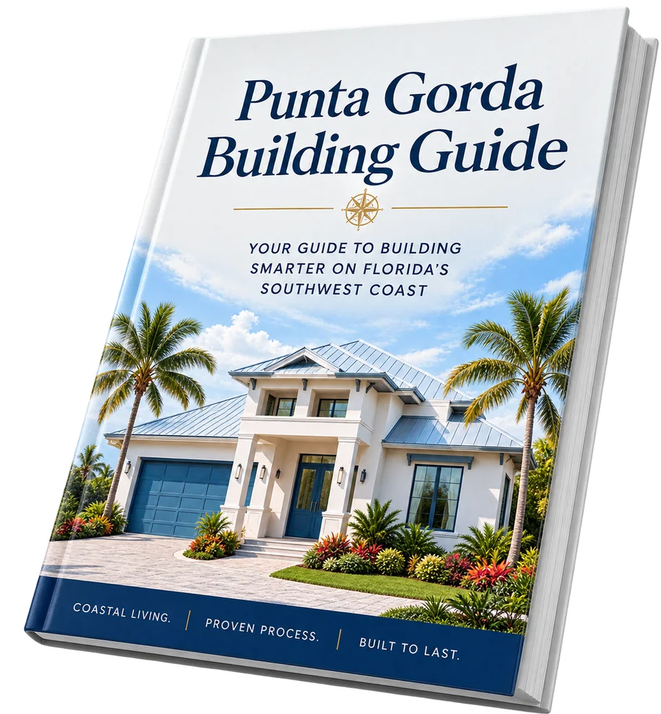 The Punta Gorda Building Guide by Cloud Design Build - cover showing a coastal custom home framed by palms