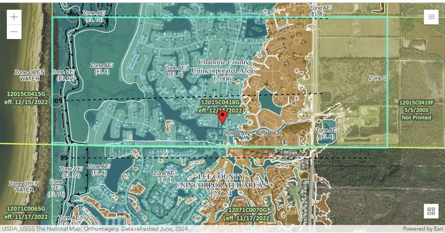 A FEMA flood zone map panel showing zone AE with base flood elevations alongside zone VE and open water