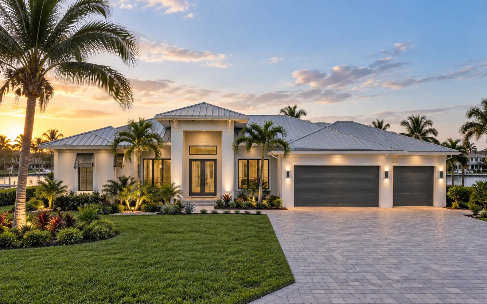 A waterfront Sarasota custom home at dusk, its standing-seam metal roof and impact-rated windows lit against the sunset behind it