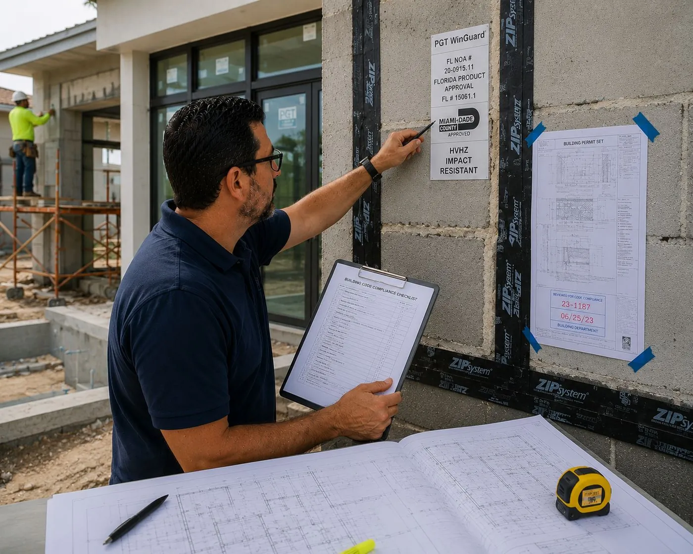 Consultant checking a window's Florida product approval label against a building code compliance checklist, beside a permit set stamped for code review