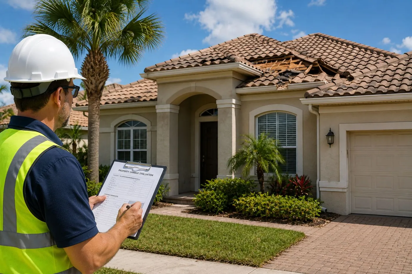 Adjuster recording a property damage evaluation in front of a storm-damaged Florida roof