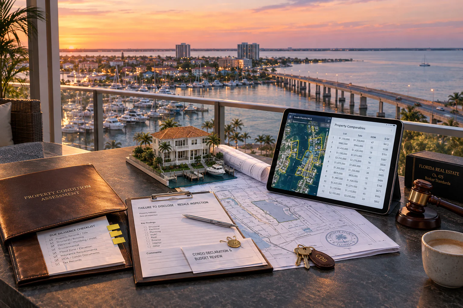 Real estate due-diligence and dispute support materials on a balcony table — property condition assessment folder, failure-to-disclose checklist, waterfront home scale model, MLS comps iPad, expert-witness gavel and Florida broker standards book — the Punta Gorda marina and waterfront bridge at sunset visible through the doors