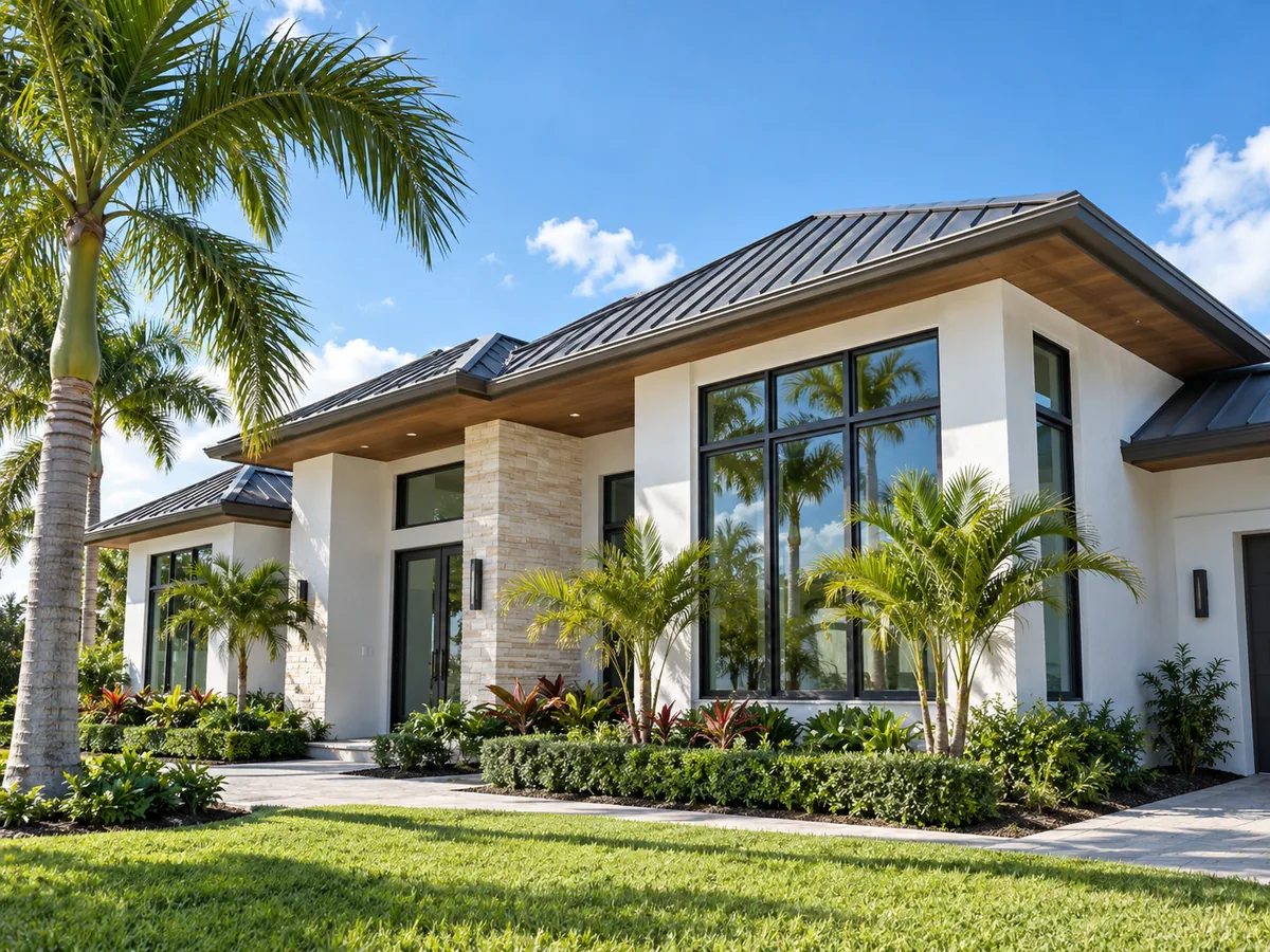 A Cloud Design Build home with a standing-seam aluminum roof and tall impact-rated windows, framed by palms