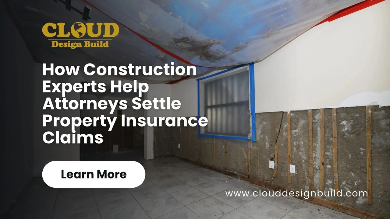 Cloud Design Build blog banner: Construction Experts Help Attorneys Settle Insurance Claims, over a water-damaged room