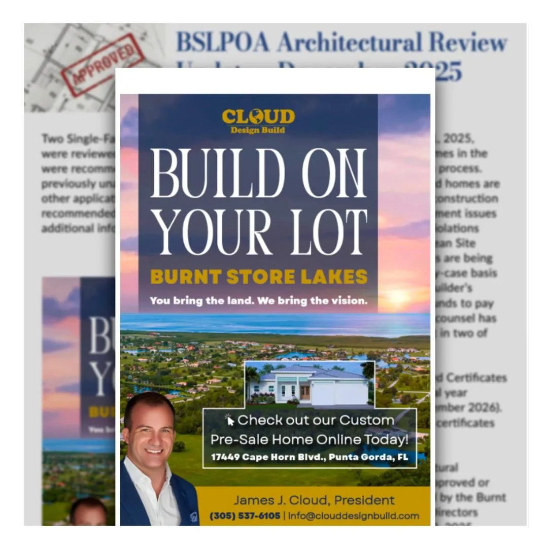Promotional flyer for build-on-your-lot services in Burnt Store Lakes featuring the company president