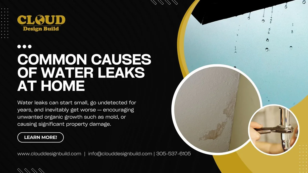 Cloud Design Build blog banner: Common Causes of Water Leaks at Home, with images of a leaking ceiling and plumbing